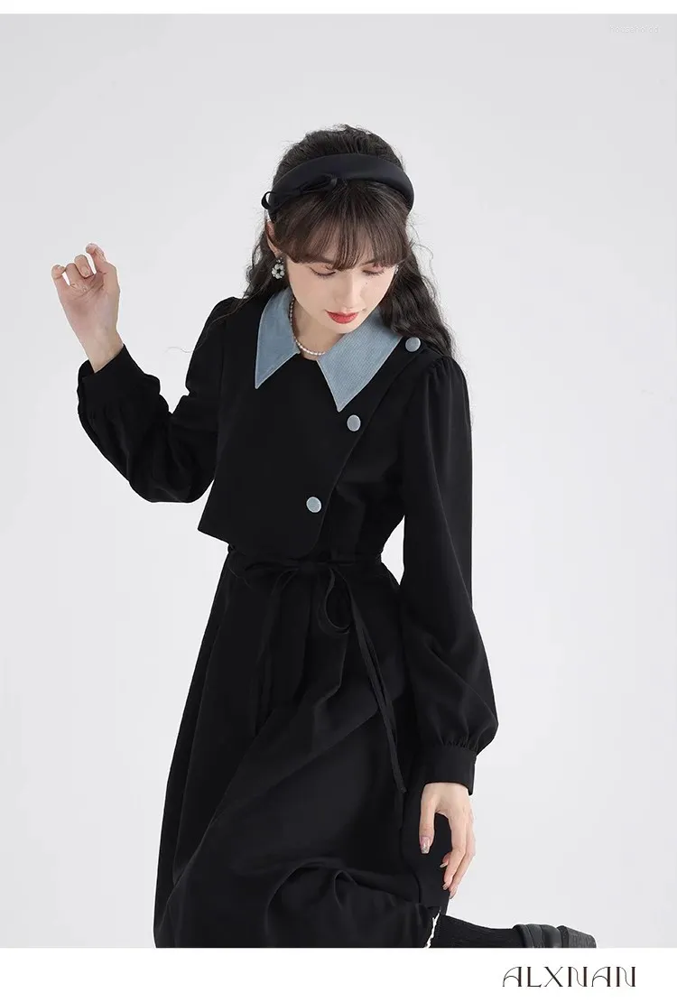 Casual Dresses Korean Fashion Retro Preppy Style Fake Two-Piece Dress 2024 Autumn A-Line High midje ålder Reducerande mild