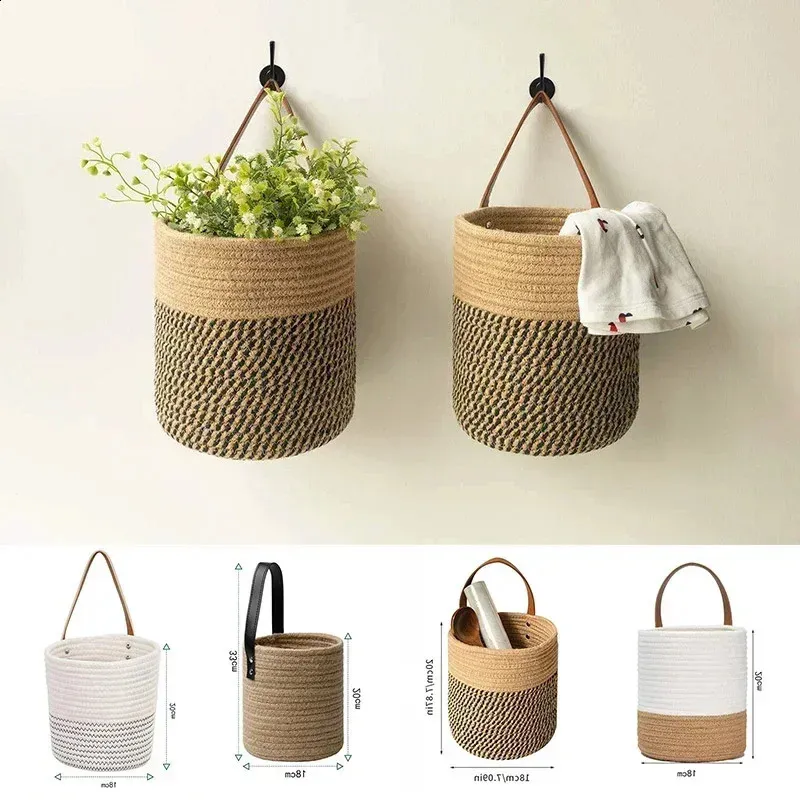 Cesta de armazenamento de cozinha com alça, cestos suspensos de tecido à mão, parede de vime, planta, vaso de flores, decoração de jardim doméstico 240125