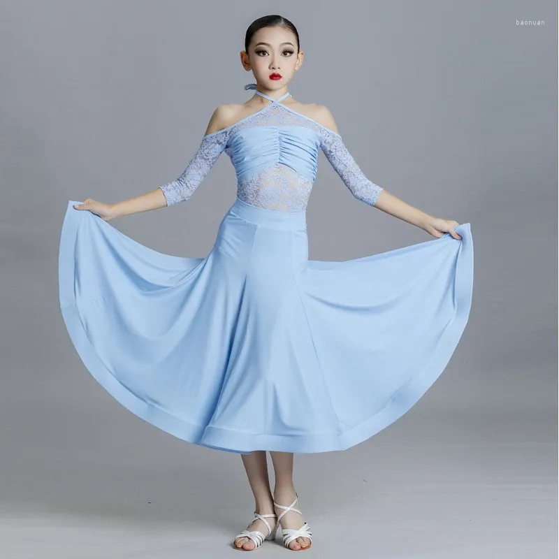 Toneelkleding Kinderen Off-Shoulder Ballroom Danswedstrijd Jurk Kanten Romper Lange Rok Meisjes Blauw Walsvoorstelling Danskostuum VDB6166