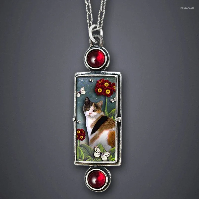 Pendentif Colliers Mignon Calico Chat Collier avec Deux Grenat Rouge Fille Anniversaire Bijoux Accessoires Cadeau