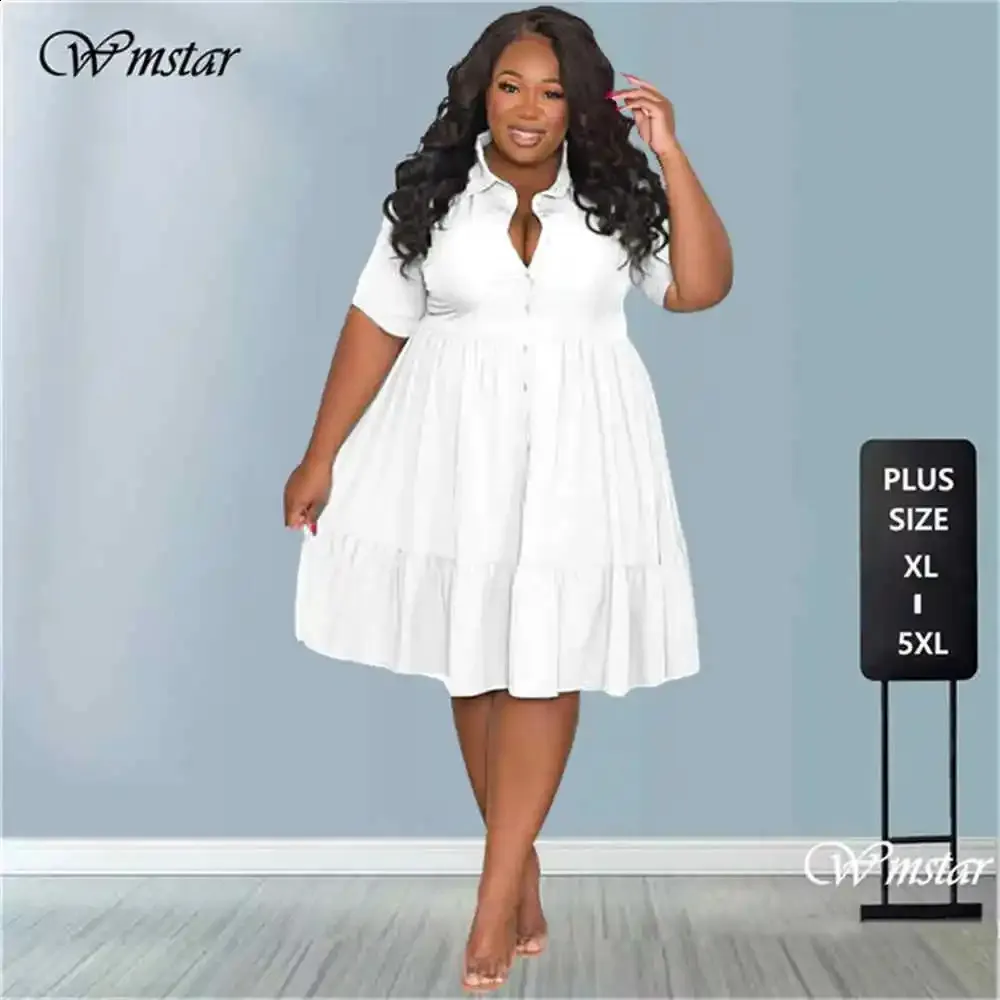 Wmstar Plus Size Summer Dresses Women's Clothing Solid Elegant Casual Cute Ball Gown Shirts Mini Dress Wholesale Drop 240124