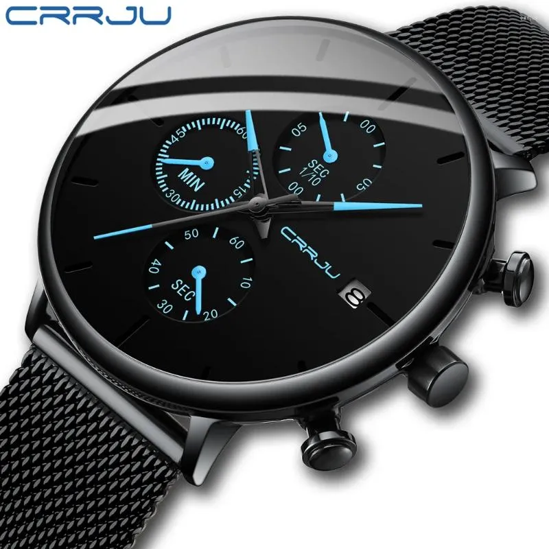 Montres-bracelets Montres pour hommes CRRJU Montre à quartz unisexe ultra mince montre-bracelet mode luxe étanche chronographe affichage de la date horloge de ceinture en maille