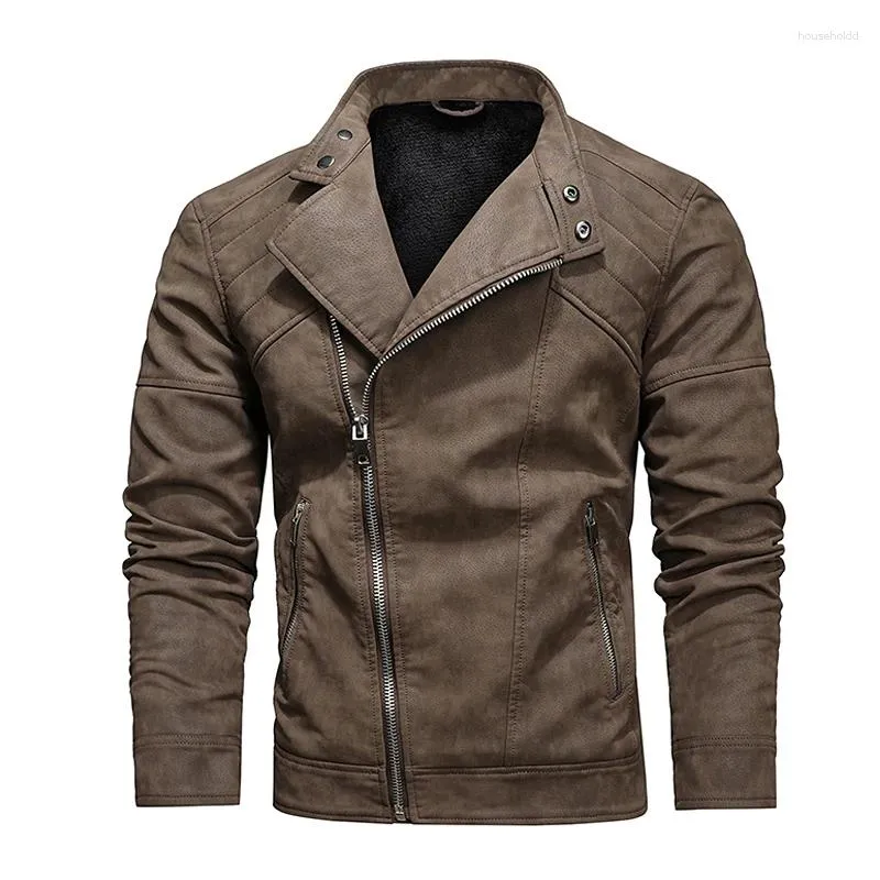 Men's Jackets Men Winter Fleece Warm Diagonal Zipper Motorcycle Coats Mens Fashion Biker PU Slim Overcoat Military Leather Jacket