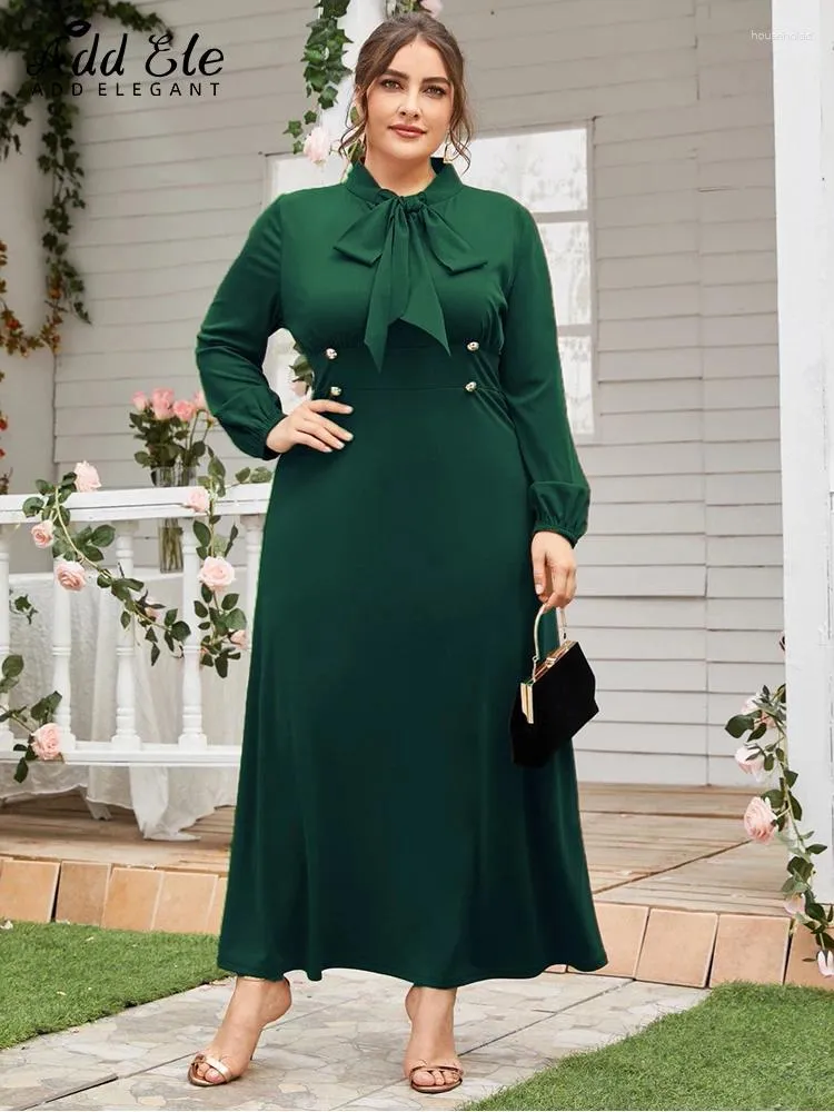 Sukienki plus size Dodaj elegancką jesień 2024 dla kobiet w muszce solidne żeńskie zielone guziki biuro biura dama sukienka B146