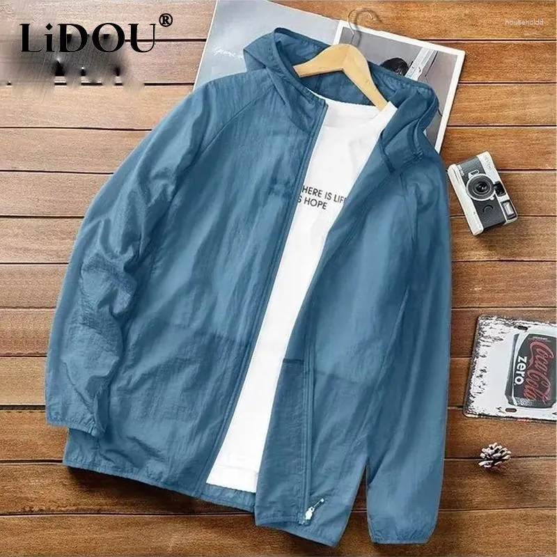 Men's Jackets Summer Solid Color Zipper Long Sleeve Hoodies Jacket Man Ice Silk Fabric Thin Style Fashion Loose Casual Sunscreen Clothing