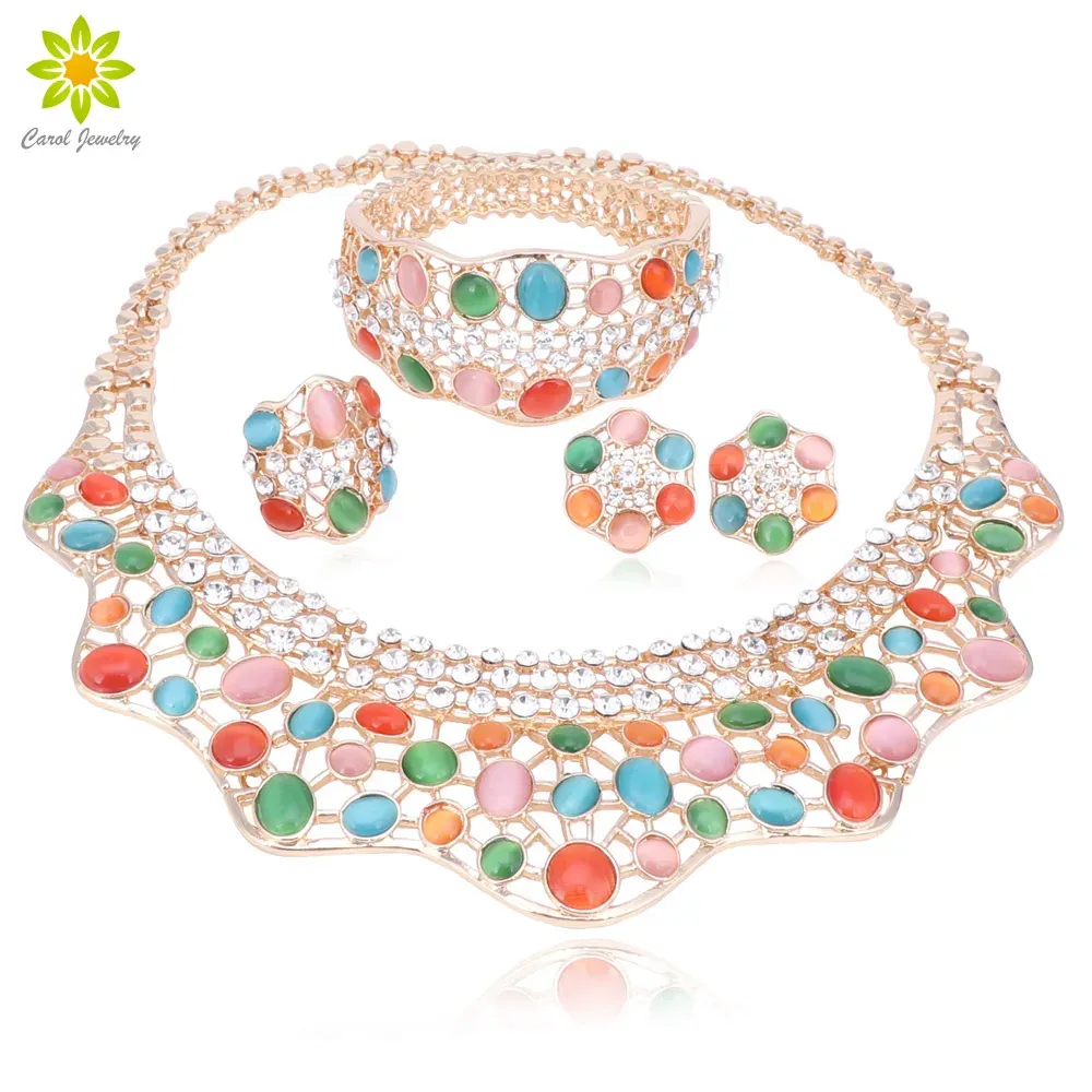 Charm Fashion Wedding Bridal Crystal Jewelry Set African Beads Dubai Gold Color Necklace Earrings Set Statement Jewellery Costume