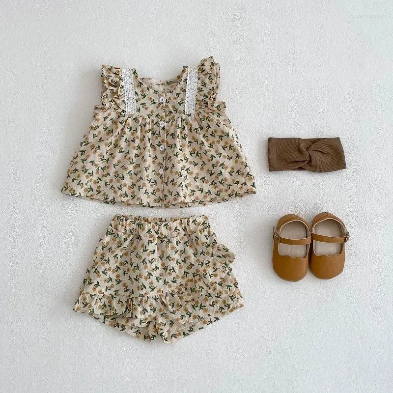 Set di abbigliamento Set estivo per bambina 0-3 anni Born Kids Senza maniche in pizzo con gonna a fiori Camicia Top con volant Pantaloncini 2 pezzi Completo prendisole