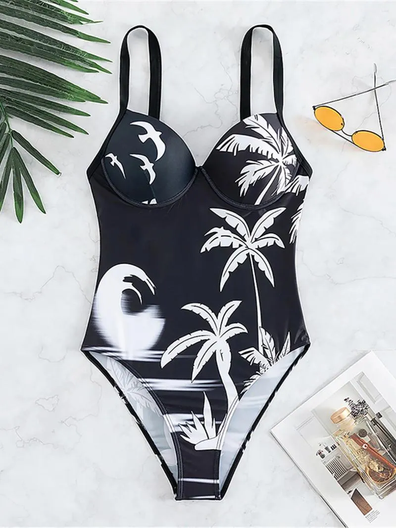 Women's Swimwear Sexy Printed Underwired Bra Cup One Piece Swimsuit Women Female Monokini High Leg Cut Bather Bathing Suit Swim K4285