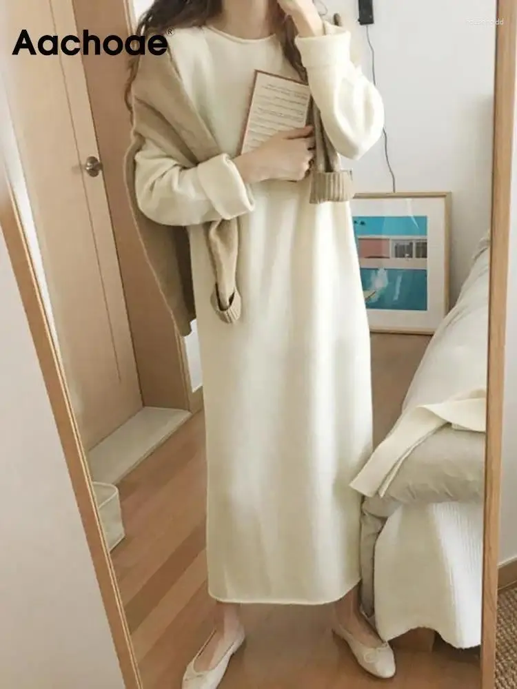 Vestidos casuais aachoae mulheres outono solto longo 2024 sólido o pescoço de malha camisola vestido feminino manga robe femme