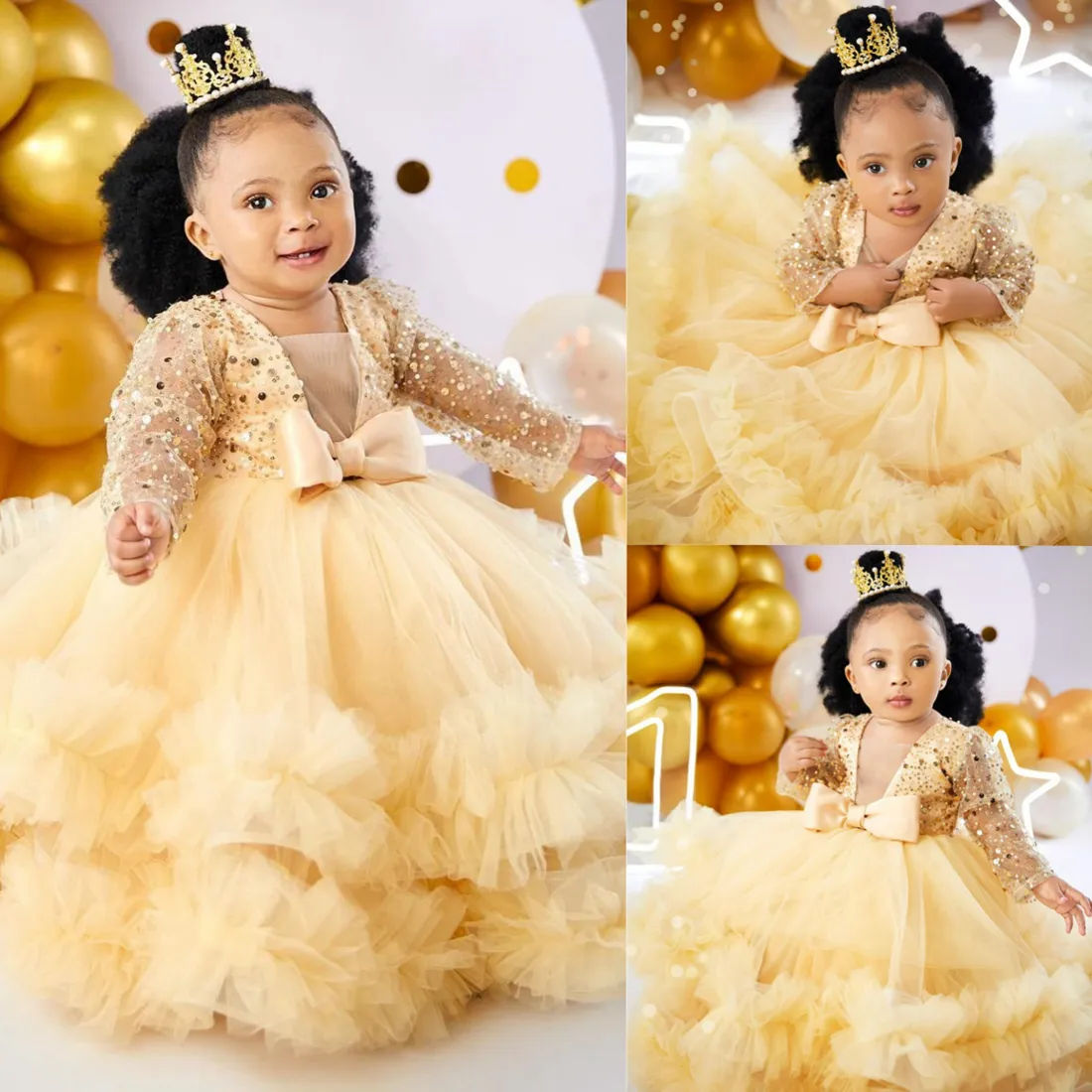 Gold Sparkling Flower Girl Dresses V Neck Long Sleeves Sequined Lace Tiered Tulle Ball Gowns Flowergirl Dress Birthday Party Dress Gowns for Little Kids NF074