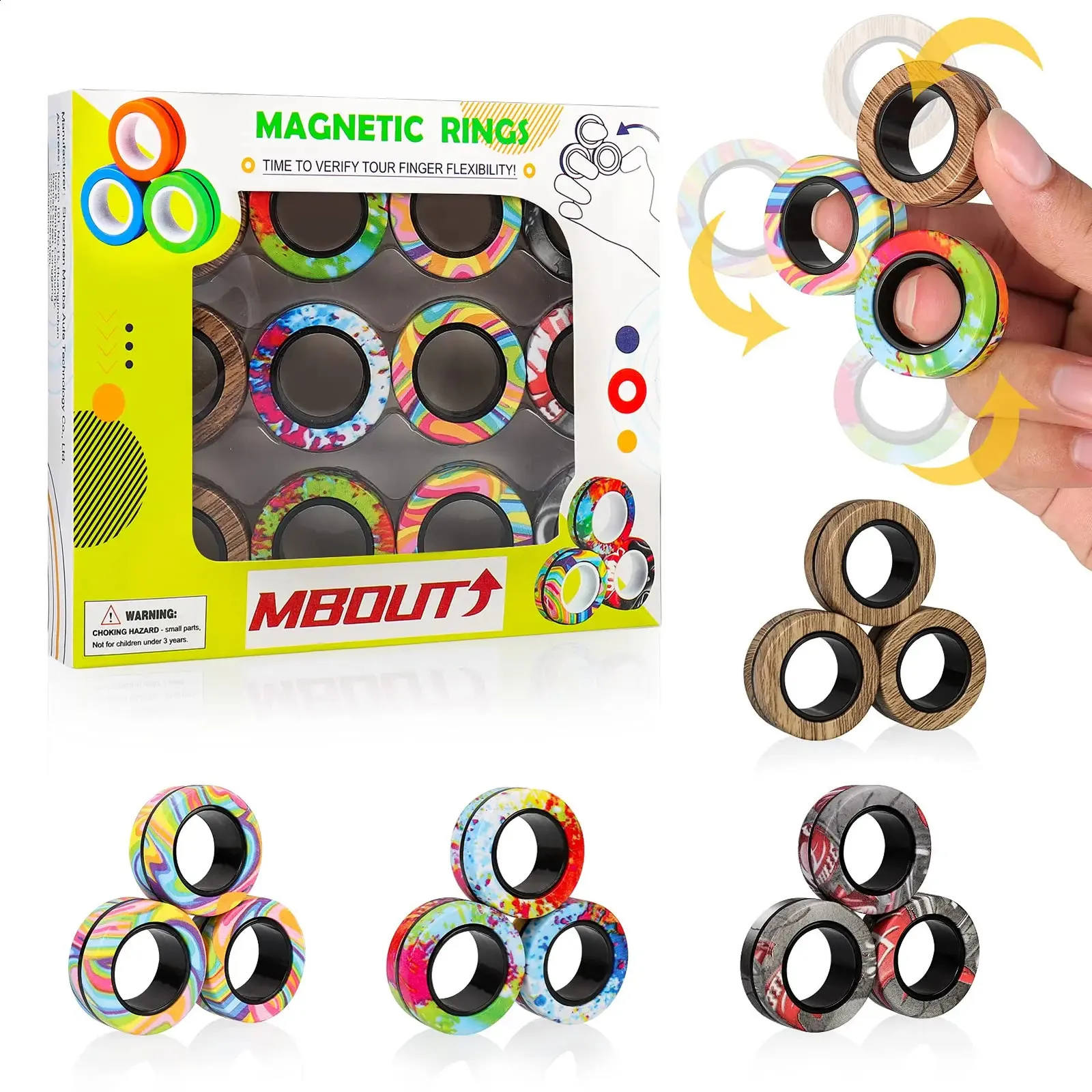 12pcs anneau magnétique Fidget jouets ensemble graffiti camo doigts aimant anneaux TDAH soulagement du stress jouets magiques pour adultes adolescents enfants 240124