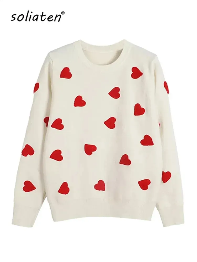 Kvinnor broderi älskar hjärta jordgubbstickade tröjor vintage y2k casual sweet o ne pullovers vinter varma tröja toppar c-129 240202