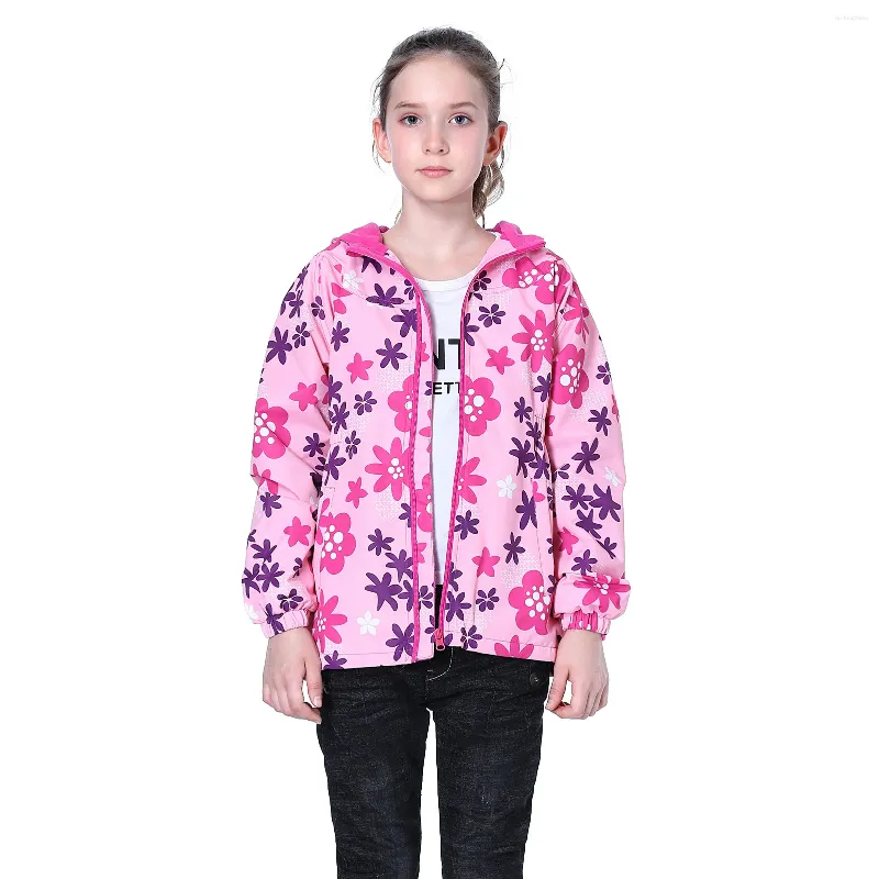 Куртки Весенняя ветровка с капюшоном для девочек Детская куртка на флисовой подкладке Подростковая ветрозащитная теплая верхняя одежда с мультяшным принтом Детский плащ