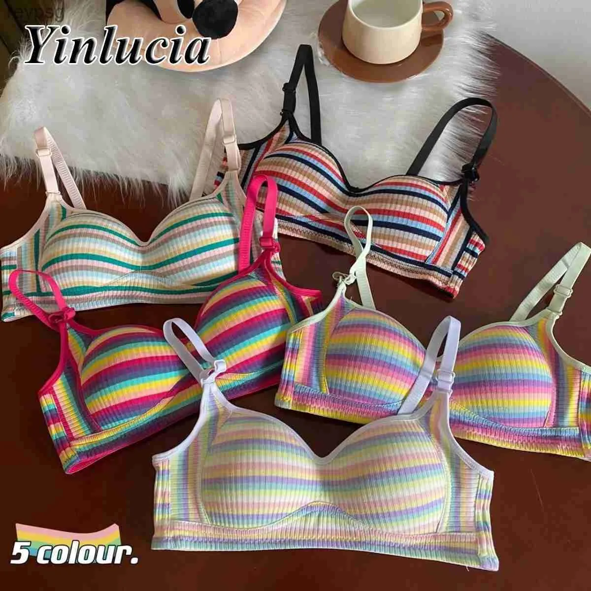 Bras Bras Lingerie Vintage Rainbow Stripes Bra Gathered Crop Top Underwear Push Up Bras New Summer Daily Soft Elastic Underwear Women YQ240203