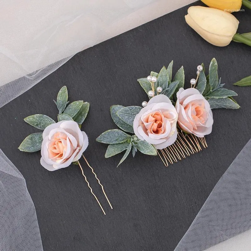 Pinces à cheveux 2 pièces, peignes en feuilles de fleurs faits à la main avec épingles, accessoires de coiffure de mariage en perles pour femmes et filles, bijoux