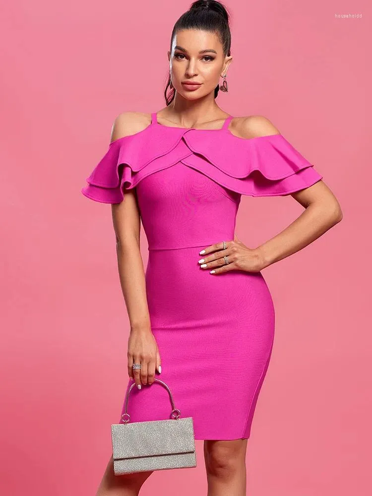 Casual Dresses Pink Bandage Dress Women Short Party Bodycon Elegant Sexy Ruffle Off Shoulder Evening Birthday Club Outfit 2024 Summer