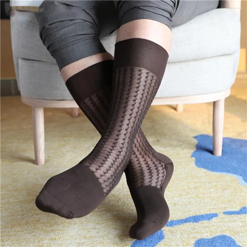 Chaussettes pour hommes 1 paire de mode vague texturée robe formelle en soie sexy bas translucides travail affaires décontracté homme bas