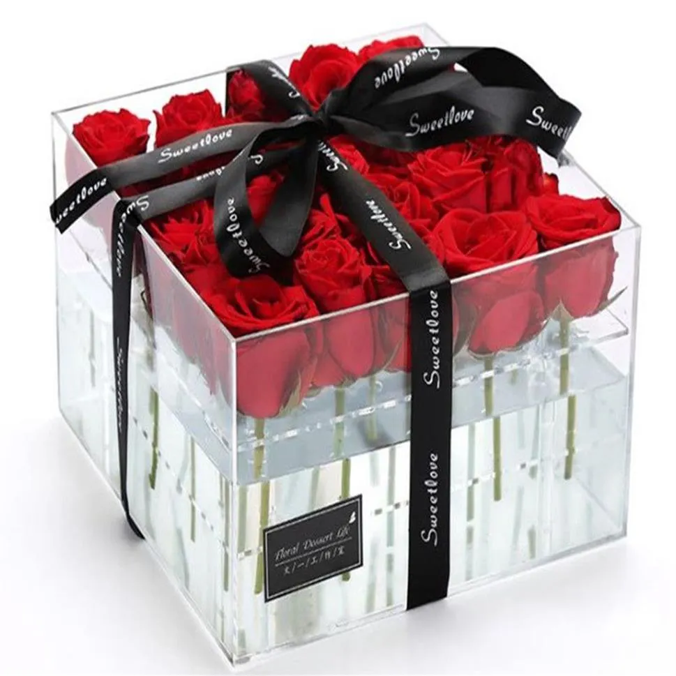 Превосходный прозрачный акриловый стенд с розой, поднос, держатель для роз, подарок на день рождения, органайзер, свежие цветы, чехол-стираж, упаковочная коробка269L