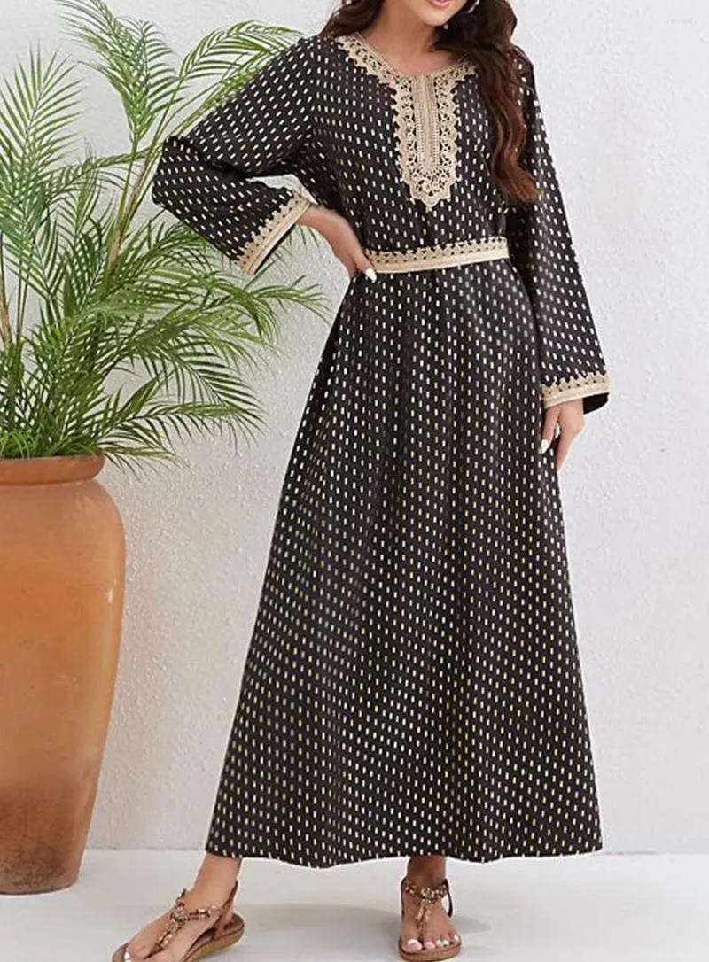 Roupas étnicas Vestido Muçulmano Abaya Dubai Árabe Robe Mangas Compridas Com Decote Em V Impressão Turquia Escritório Senhora Moda Elegante