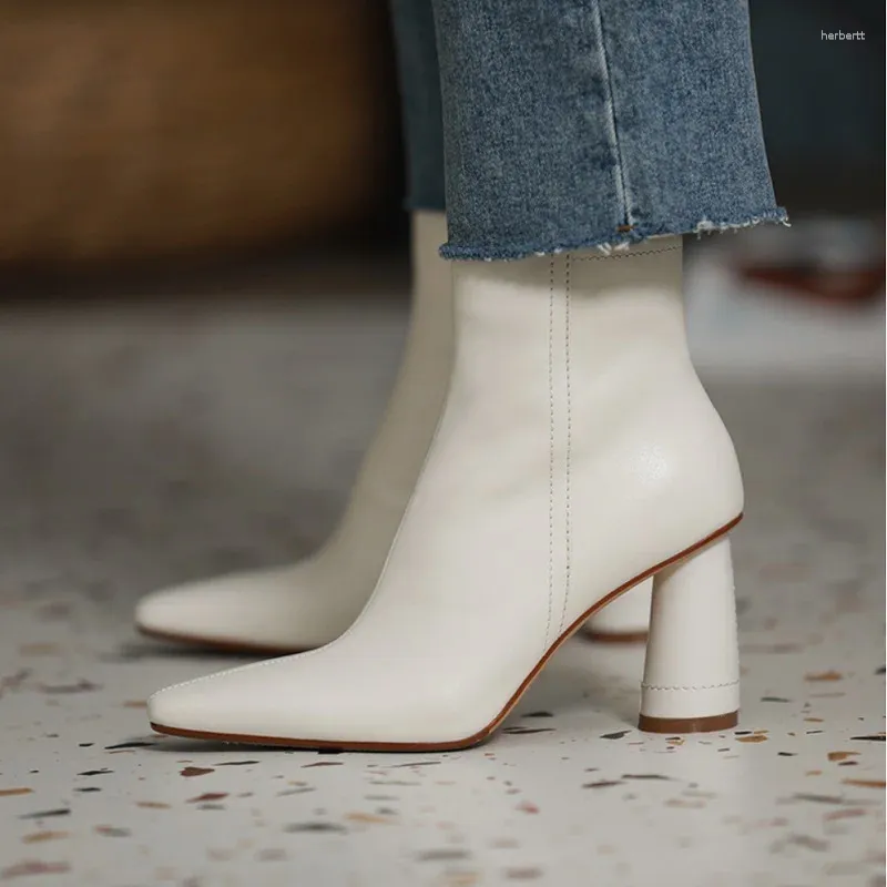 ブーツ厚いかかとの足首現代の女性靴牛皮冬のシンプルなスタイルの女性サイドジッパーオールマッチ女性レトロシューズ