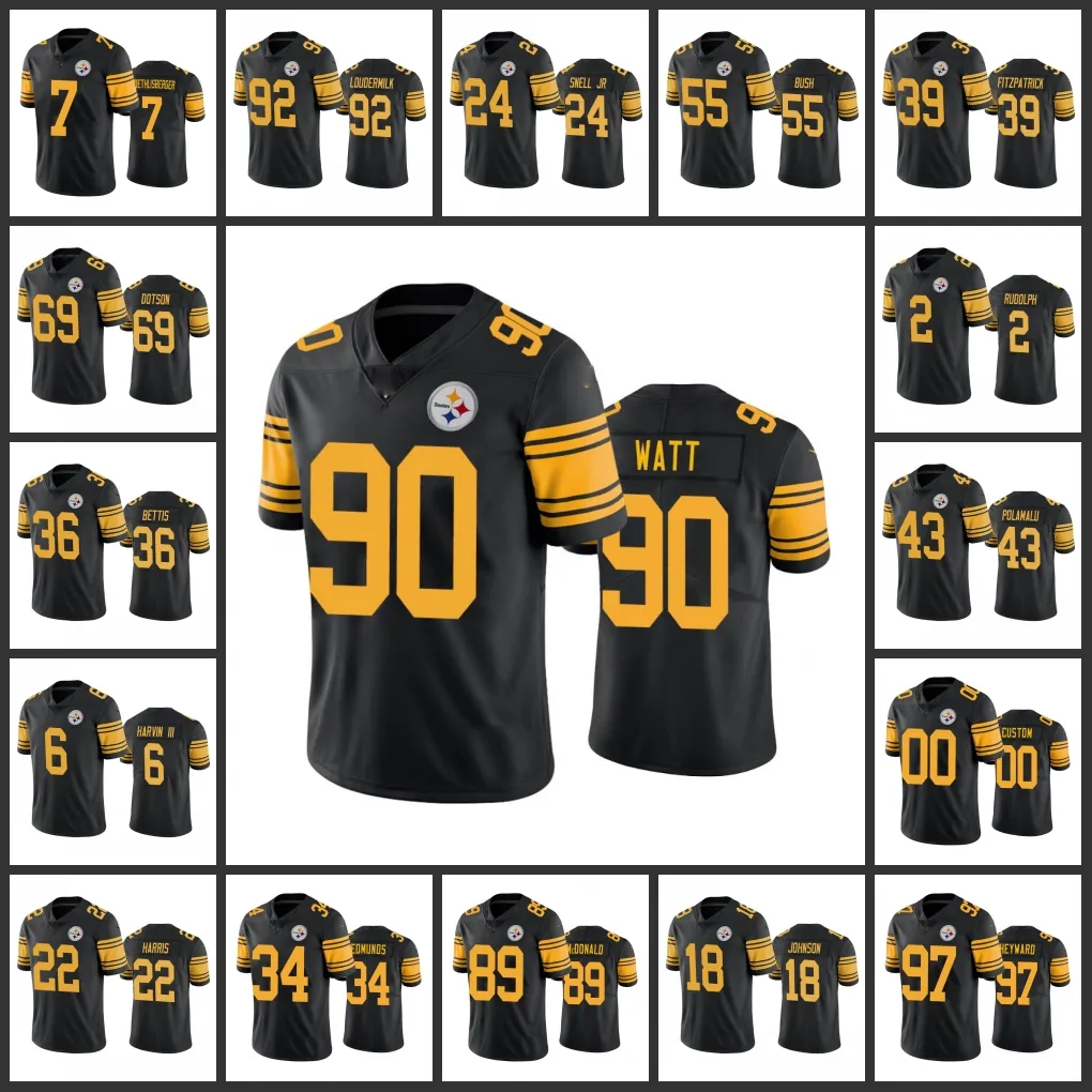 Pittsburgh''Steelers''Men #22 Najee Harris 2 Mason Rudolph 55 Devin Bush 36 Jerome Bettis 90 T.J.Watt – maillot personnalisé noir pour femmes et jeunes, couleur Rush limitée