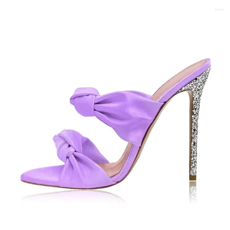 البغال الصندل بلينغ ساتان الصندل بريق بريق MM Stiletto Heels Knot Open Toe Cover Summer Dress Shoes