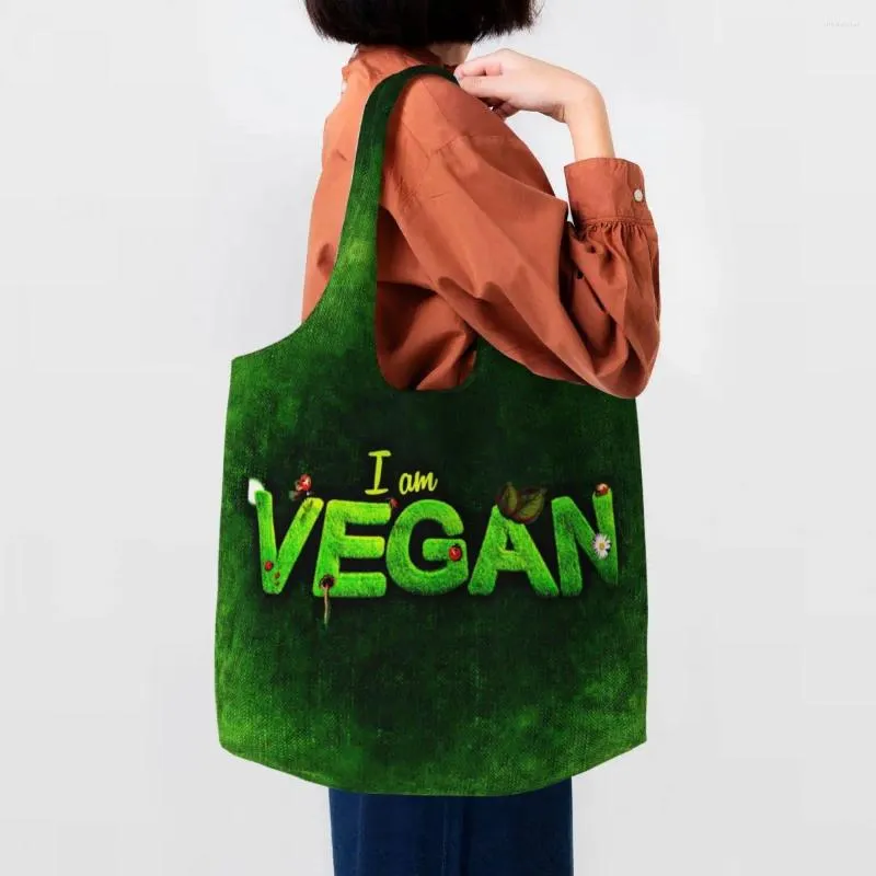 Sacos de compras reutilizáveis ​​I Am Vegan Bag Mulheres Canvas Ombro Tote Lavável Comida Saudável Comprador Pogal Bolsa