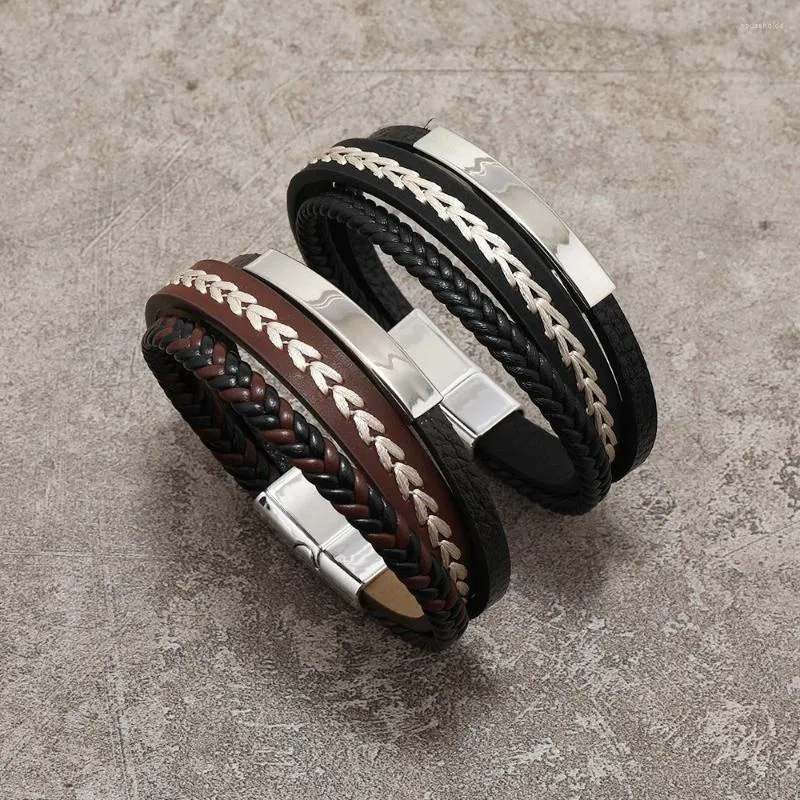 Charme pulseiras na moda em couro homens moda aço multicamada trançada corda corrente para jóias masculinas pulsera hombre atacado