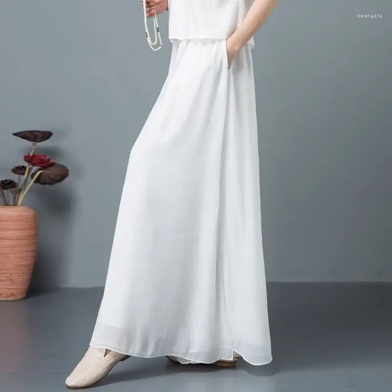 Women's Pants Fashion Chiffon Wide-Legged Casual Loose Trousers Thin White High Waist Summer 4XL X77