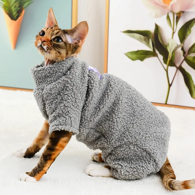 Sphynx Cat Clothes Winter Warm Cat Jumpsuit Hoodies Soft Fleece Kitten Cat Pyjamas Costumes For Sphinx Devon Cats 240130