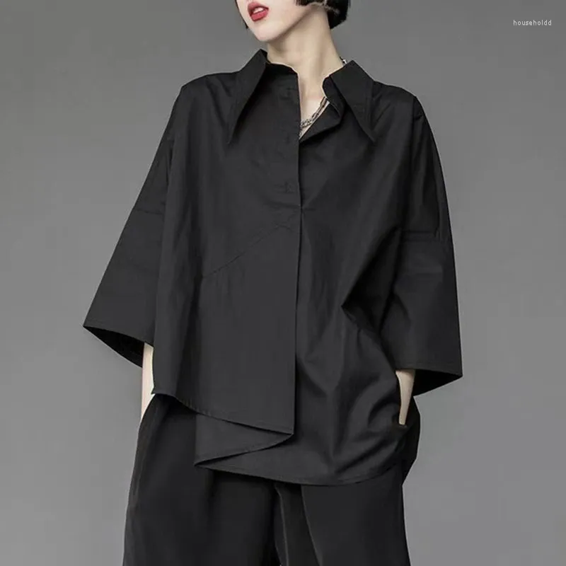 Damenblusen Y2K Frauen Chiffon Schwarzes Hemd Gothic Mode Streetwear Lose Tops Dark Academic Unregelmäßige Lässige Dreiviertel-Weibliche