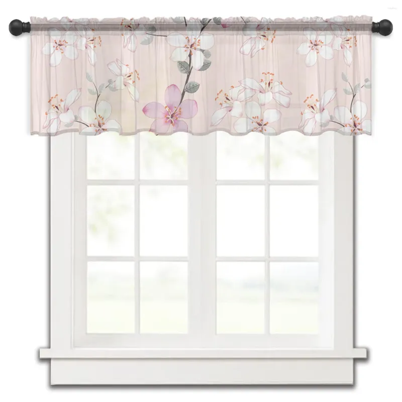 Cortina flor flor de pêssego rosa curto transparente janela tule cortinas para cozinha quarto decoração casa pequena voile cortinas