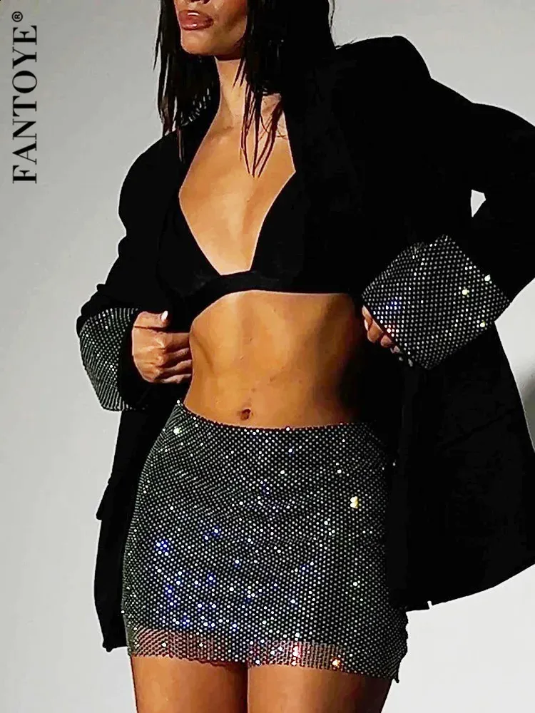 Fantoye Glitter Diamond Shiny Women Blazer Set Çift Katmanlı Blazer Fishnet Etek Kadın İki Parça Set Moda Kulübü Gece Kıyafetleri 240130