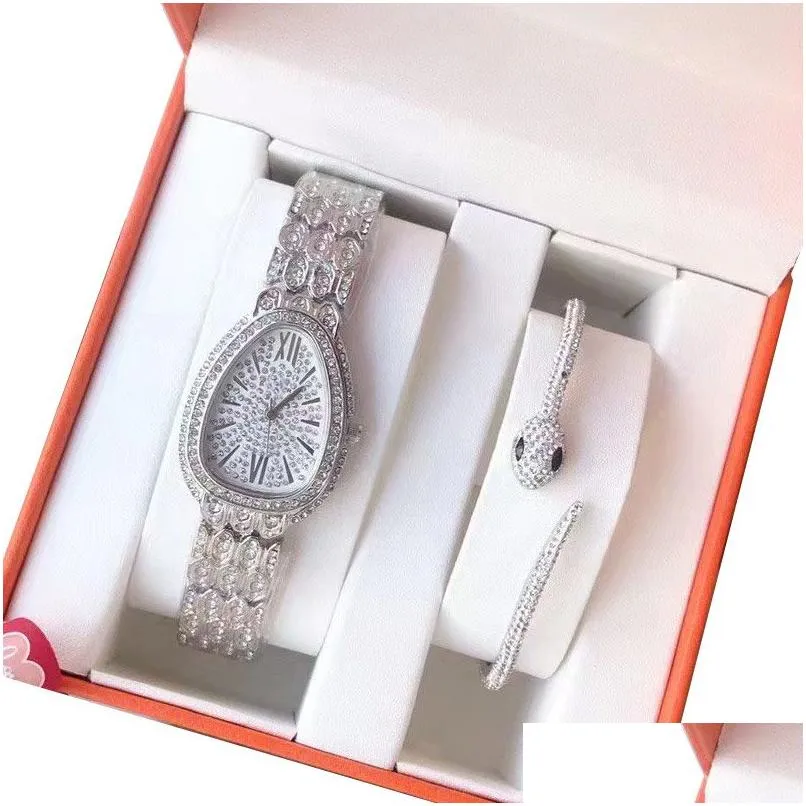 Women'S Watches Luxury Women Snake Watches Bracelet 2 Sets With Gift Box Top Esigner Diamond Lady Watch Fashion Wristwatches For Wome Dhhbd