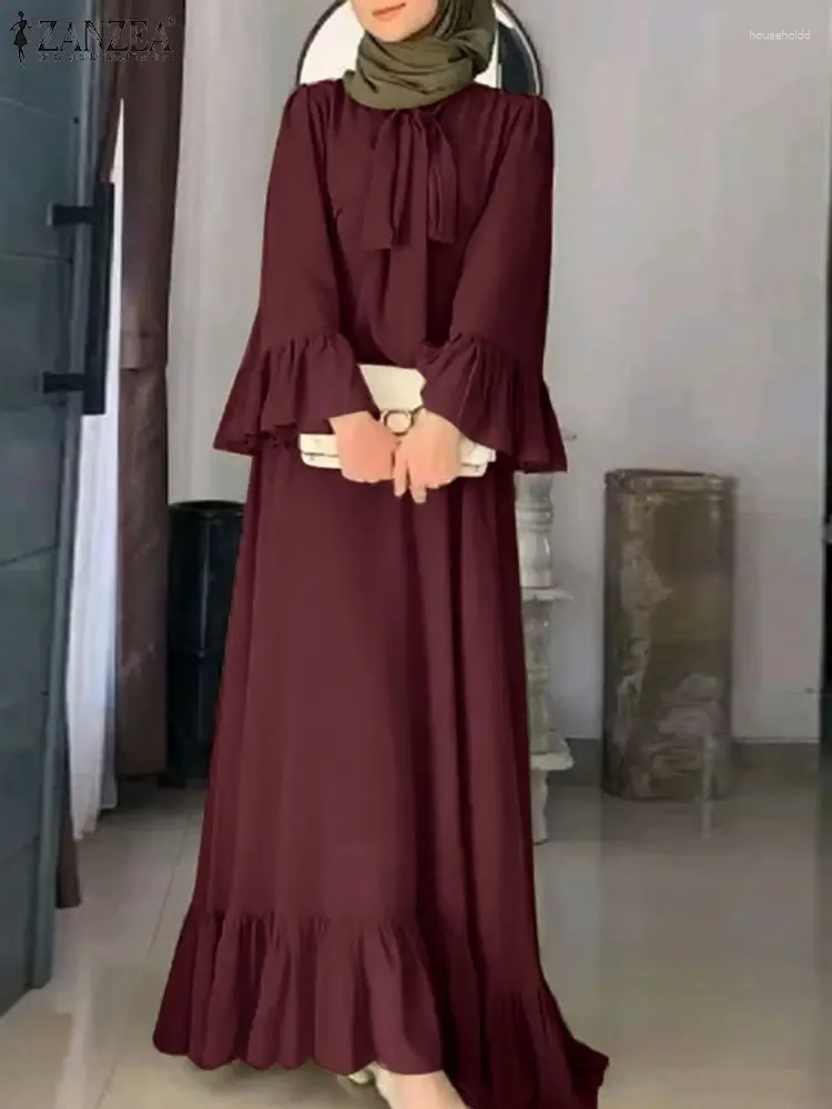 Ethnic Clothing ZANZEA Women Ong Sleeve Ruffles Muslim Abaya Sundress Summer Maxi Dress Vintage LRobe Femme Solid Lace Up Vestido Eid