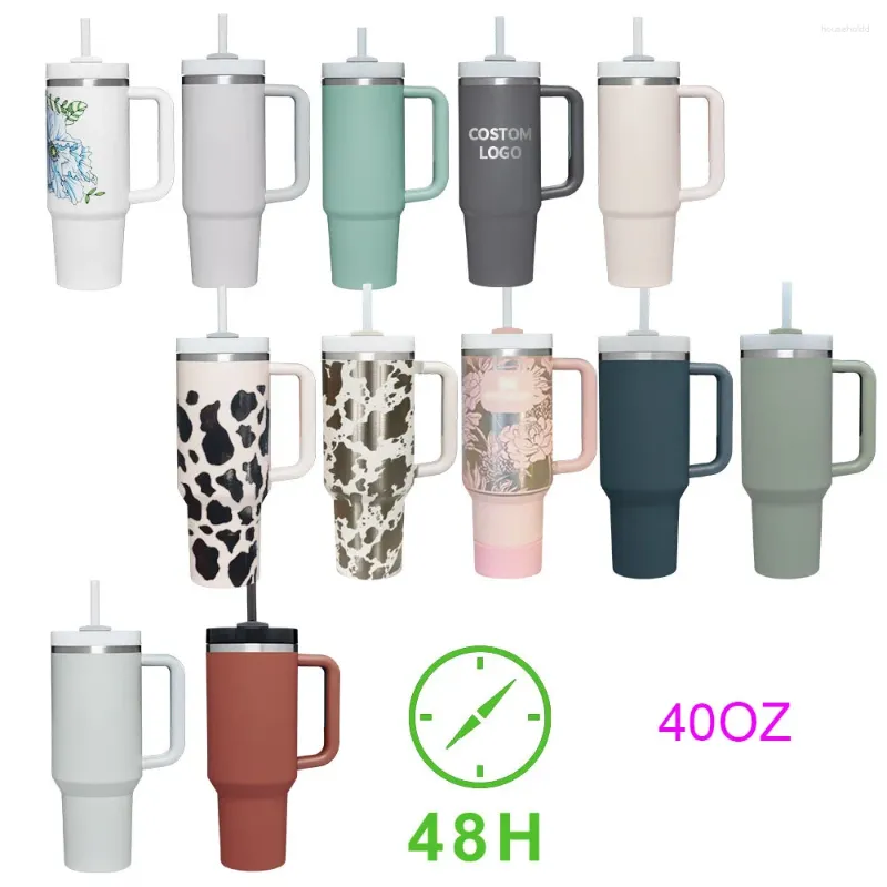 Waterflessen 40oz Mok Tumbler Met Handvat Geïsoleerde Deksels Stro Roestvrij Staal Koffie Termos Cup Merklogo