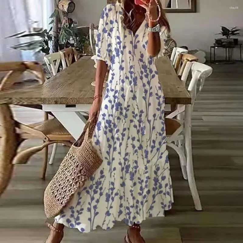 Casual Dresses Tassel Sling Long Dress Flower Print a-line maxi med dekor v hals för semester strand kvinnors halv ärmar lös