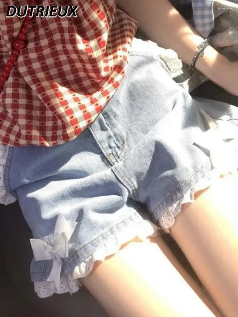 Kvinnors shorts japanska lolita mjuk tjej denim kvinnlig student vår sommar hög midja spets båge a-linje breda ben jeans byxor