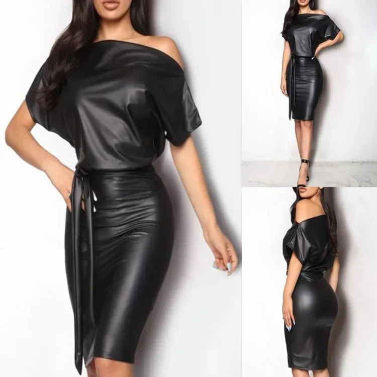 Black color Women Casual Dresses Black Asymmetrical Sexy Faux Leather Bodycon Dress Women Summer short Sleeve Knee Length Pencil