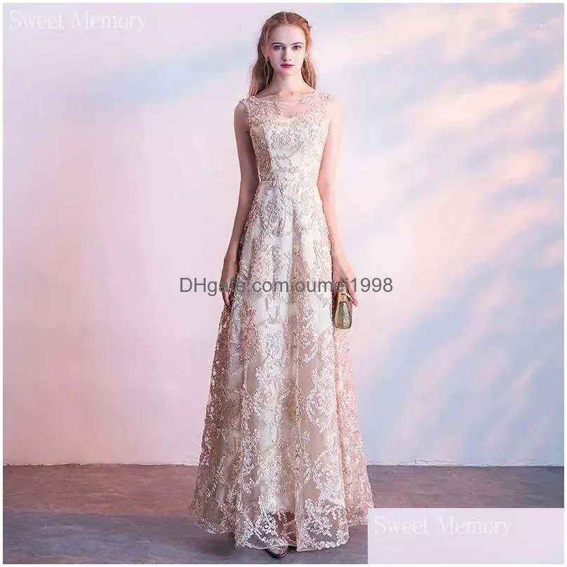 Urban Sexy Dresses Party Dresses M5118 Champagne Lace Graduation Prom Evening Gowns Elegant Woman Girl Lady O-Neck Floor Length Speci Dhbu1