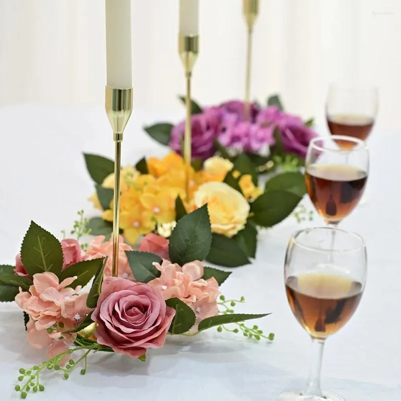 Party Decoration Wedding Candle Holder Artificial Rose Flower Wreath lämnar ljusstake ringar mittpunktbord Heminredningar