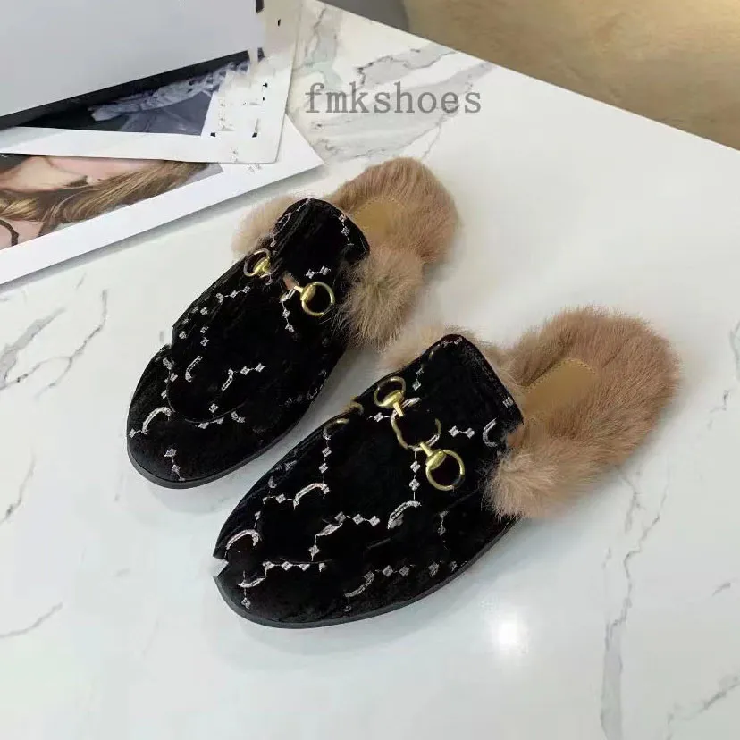 Designerskor päls mulor tofflor 100% size35-46 Real Leather Horsebit Loafers tofflor lyxiga kvinnor män jacquard läder toffel canvas princetown skor 1.25 20