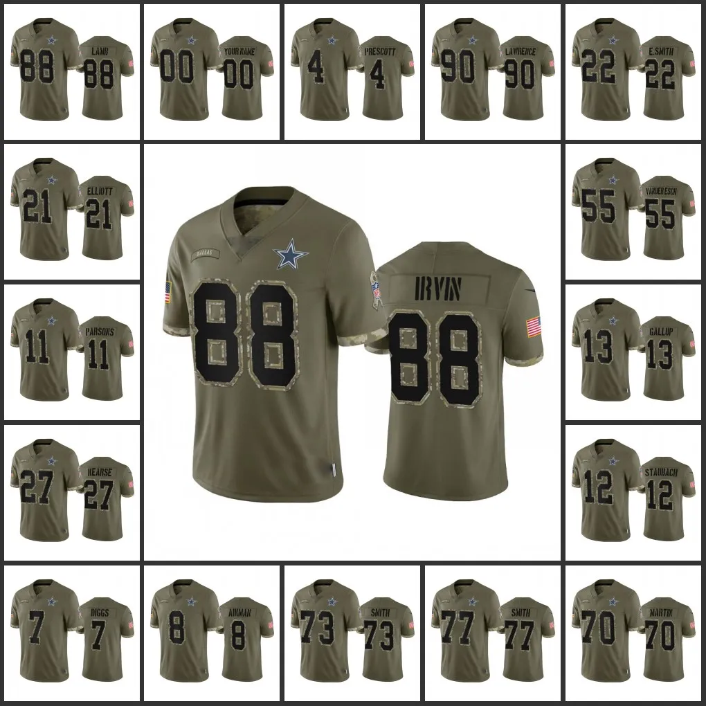 Dallas''Cowboys''men #21 Ezekiel Elliott 88 Ceedee Lamb 22 Emmitt Smith 55 Leighton Vander Esch Women Youth Olive Custom Salute to Service Limited Jersey