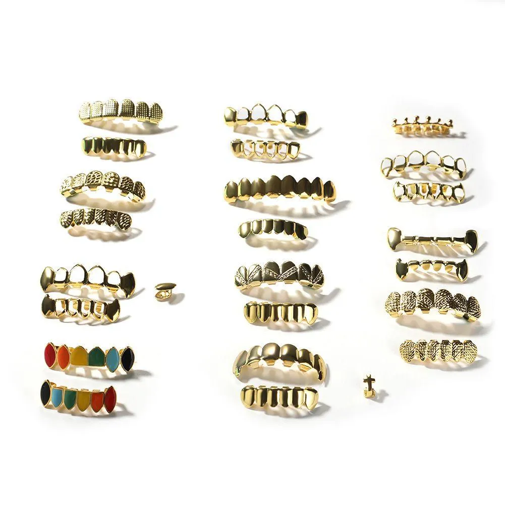Grillz, Стоматологические грили Мужские золотые зубы Grillz Набор модных ювелирных изделий в стиле хип-хоп Высокое качество Восемь 8 верхних зубов Шесть 6 нижних грилей Drop Deli Dh1Qe