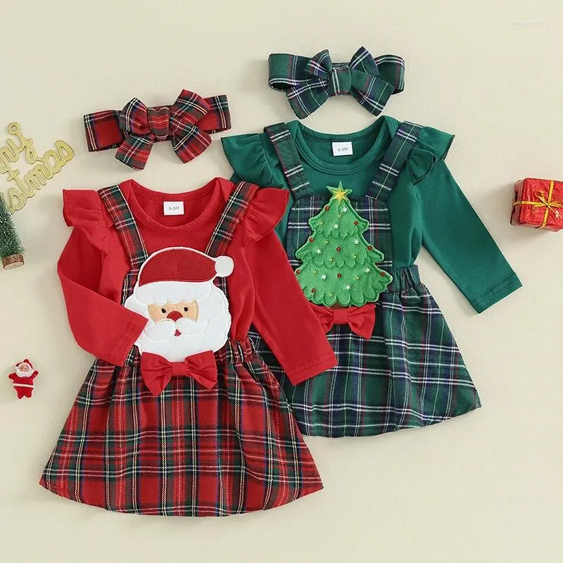 Conjuntos de roupas Bebê Menina Roupas de Natal Cor Sólida Manga Longa Macacão Santa / Árvore Patch Xadrez Suspender Saias Headband 3 Pcs Conjunto de Roupas