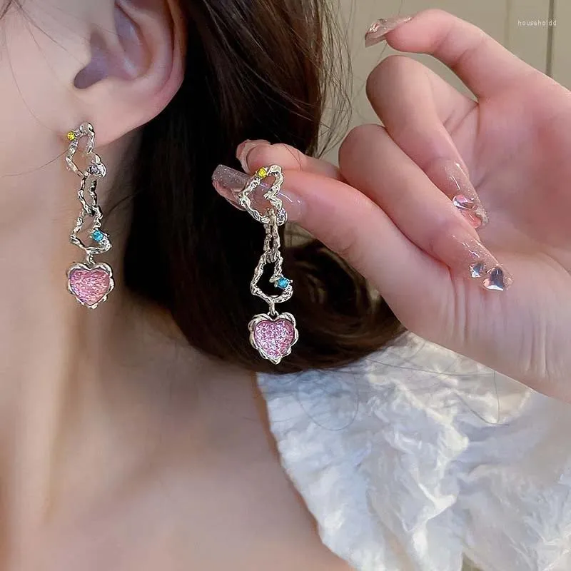 Dangle Oorbellen Vintage Roze Zirkoon Hart Voor Vrouwen Mode Zoete Onregelmatige Persoonlijkheid Y2K Sieraden 2024 Trend