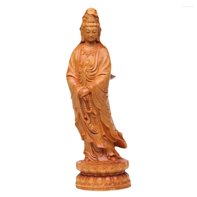 Decorative Figurines Wooden Lotus Guanyin Small Statue Solid Wood Hand Carving Log Color Home Room Decoration Feng Shui 12cm