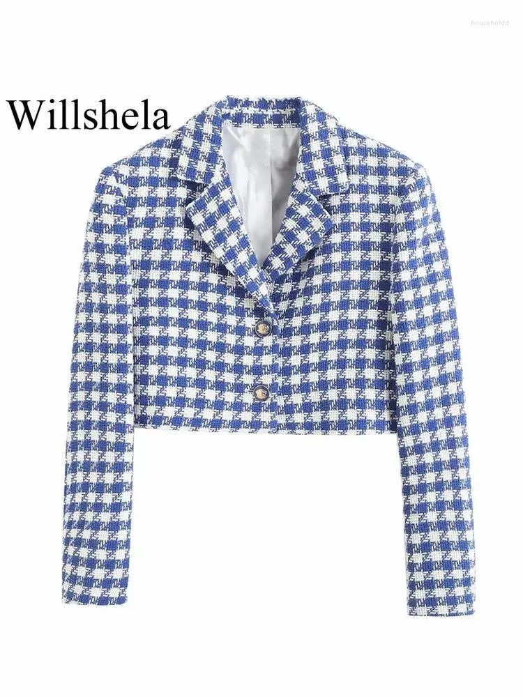Dameskostuums Willshela damesmode blauwe geruite cropped blazer met enkele rij knopen Vintage ingekeepte hals lange mouwen vrouwelijke chique dame outfits