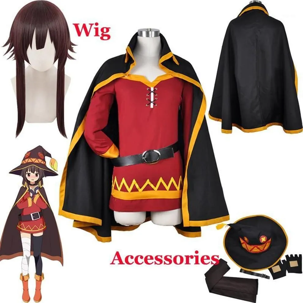 Konosuba Guds välsignelse på denna underbara värld Megumin Cloak Dress Uniform Halloween Outfit Anime Megumin Cosplay Wig Wig 231Z