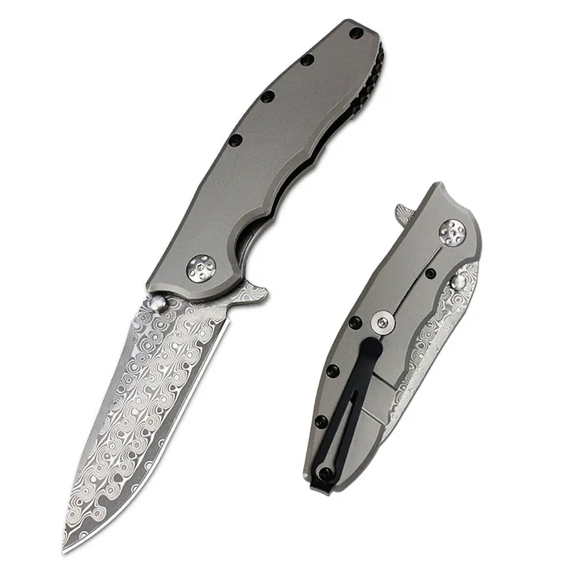 Nouveau haut de gamme 0562 Flipper couteau pliant VG10 Damascus Steel Drop Point Lame CNC TC4 Poignée en alliage de titane Roulement à billes Ouverture rapide Couteaux de poche EDC